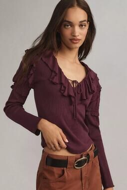 Anthropologie Plum Purple Ribbed Ruffle Long Sleeve Shirt Women's size Medium